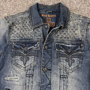 Rock Revival Jacket Mens XL Blue Luciano Denim Studded Collar Grunge Y2K Biker